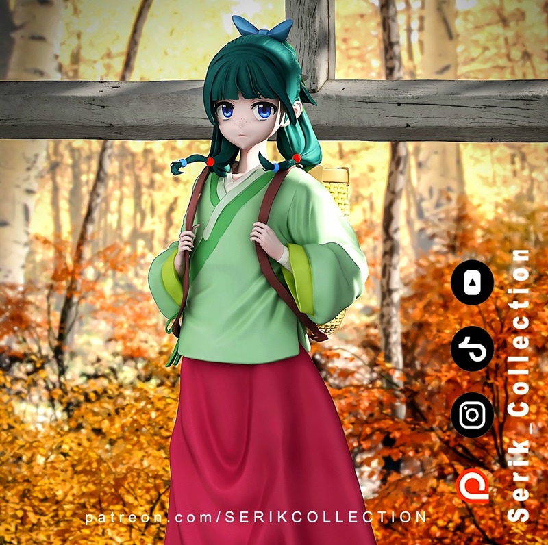 Anime-style 3D model of Maomao from The Apothecary Diaries, wearing a green robe and red skirt, with a basket on her...