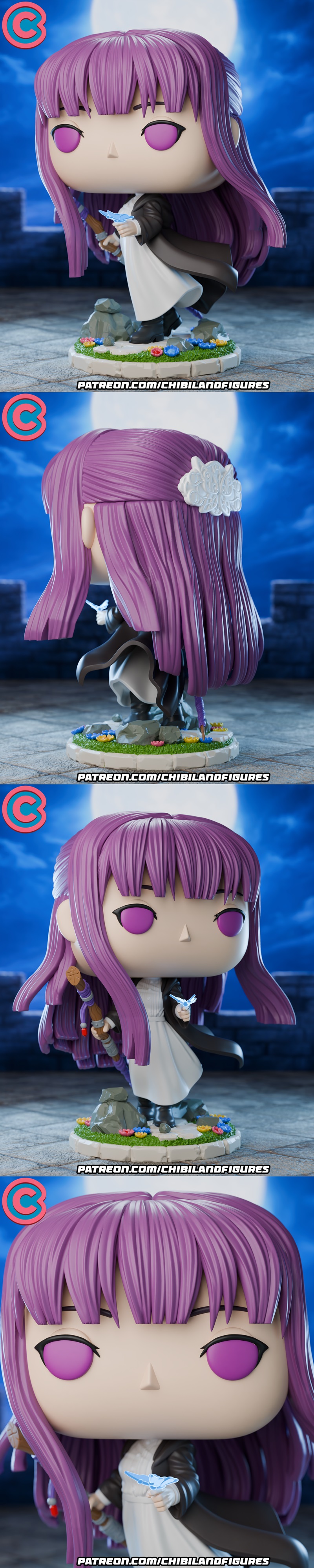 Chibi Fern figure from Frieren: Beyond Journey's End, with purple hair, white dress, and dark coat, holding a blue bi...