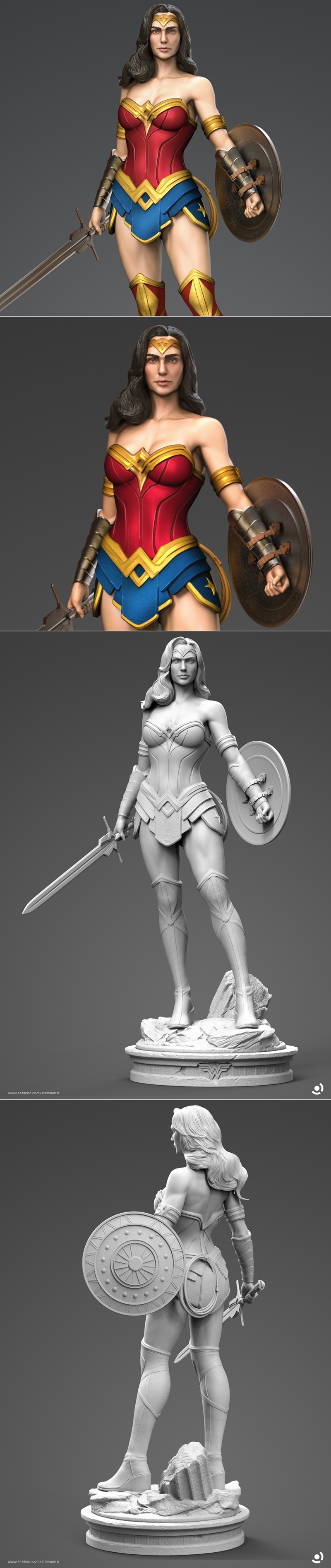 Stalyn Quito 3D model of Wonder Woman in full costume, holding a sword and shield, standing on a rocky base with the...