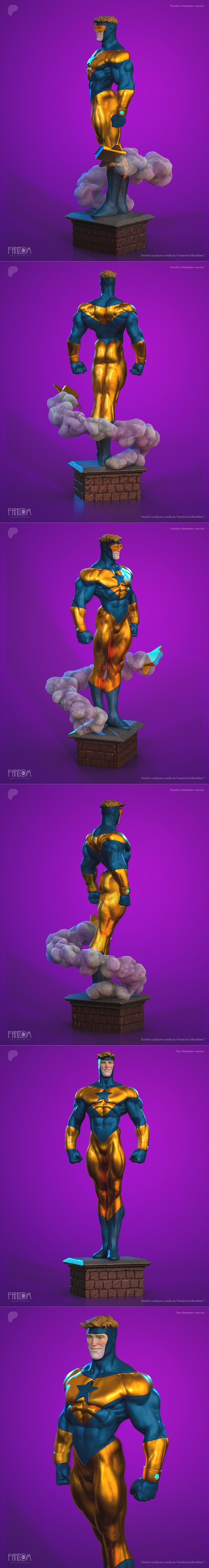 Booster Gold 3D model figure, wearing blue and gold superhero suit, standing heroically on a brick pedestal with smok...