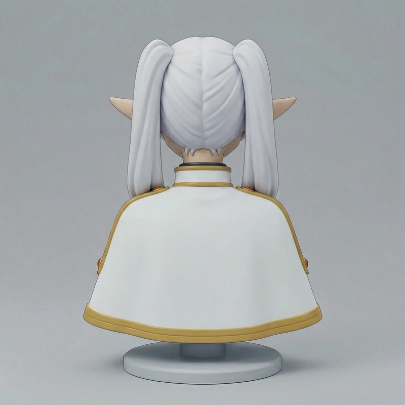 Bust of Frieren from Frieren: Beyond Journey's End, featuring long white twin-tail hair, pointed elven ears with red...