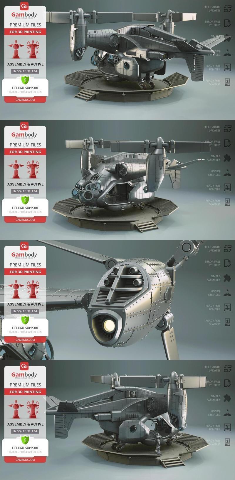 3D model of a futuristic Vertibird aircraft on a landing platform, with a small armored figure. Gambody branding and...