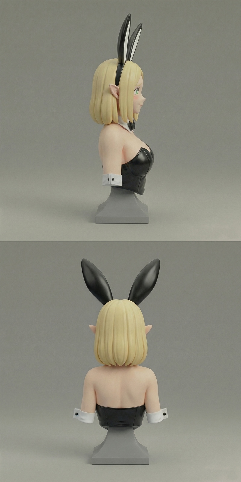 Bust of a blonde elf character with green eyes, wearing bunny ears and a black bow tie, with a revealing black corset...