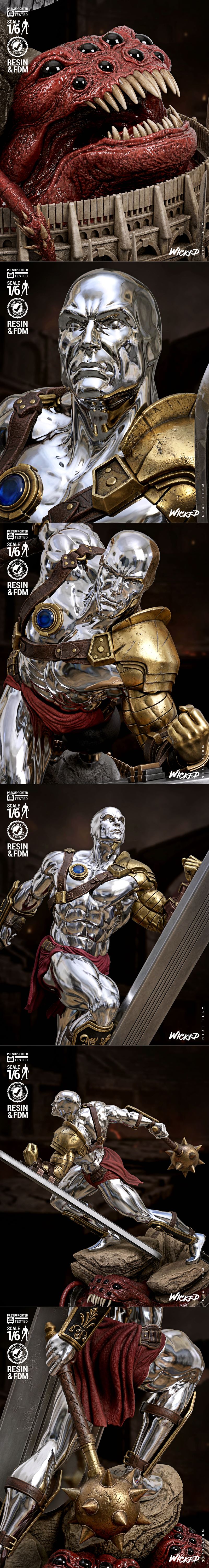 Silver Surfer figure in metallic armor, wielding a spiked mace and carrying a surfboard, posed heroically above a dio...