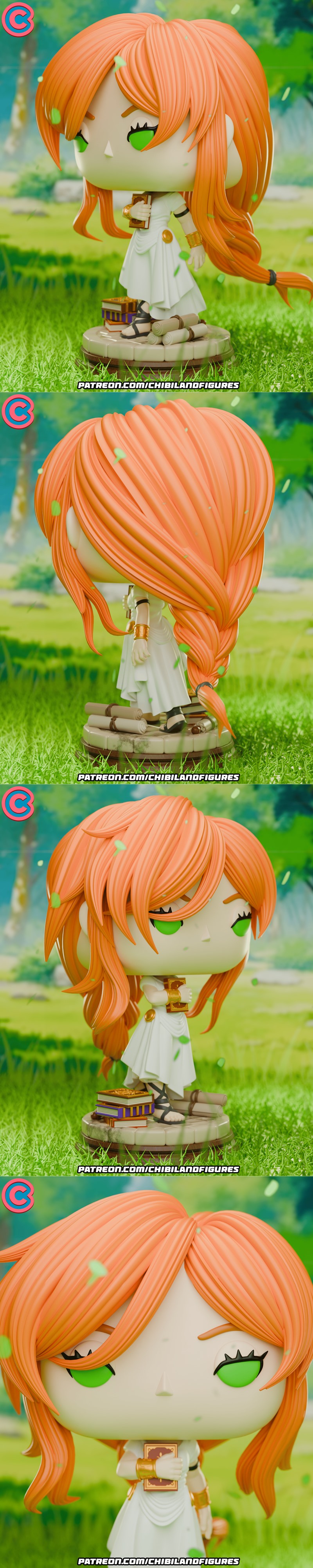 Chibi Flamme Funko 3D model figure with orange hair, green eyes, white dress, holding a book, on a base with books an...