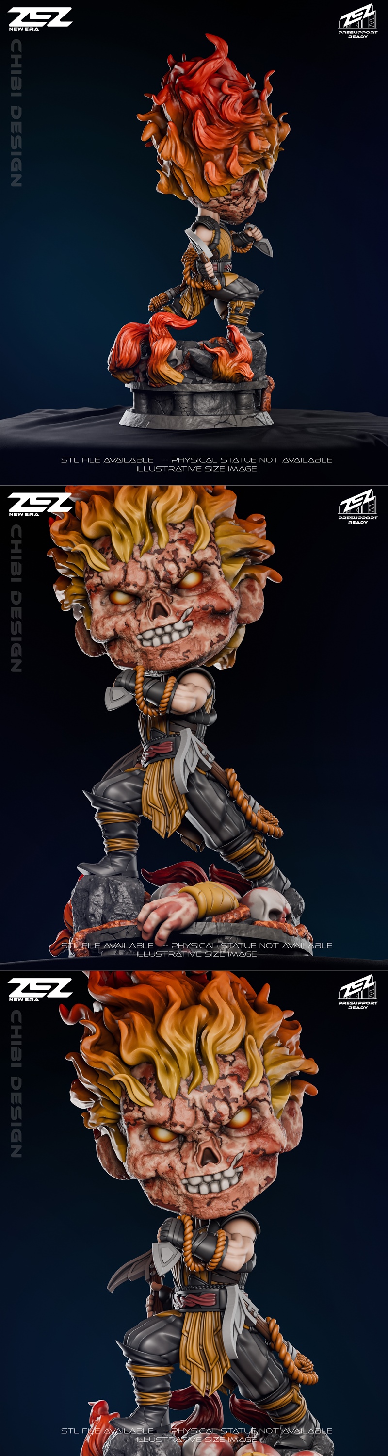 Chibi Scorpion figure from Mortal Kombat, with fiery hair, skull-like face, and detailed base with skulls and a sever...