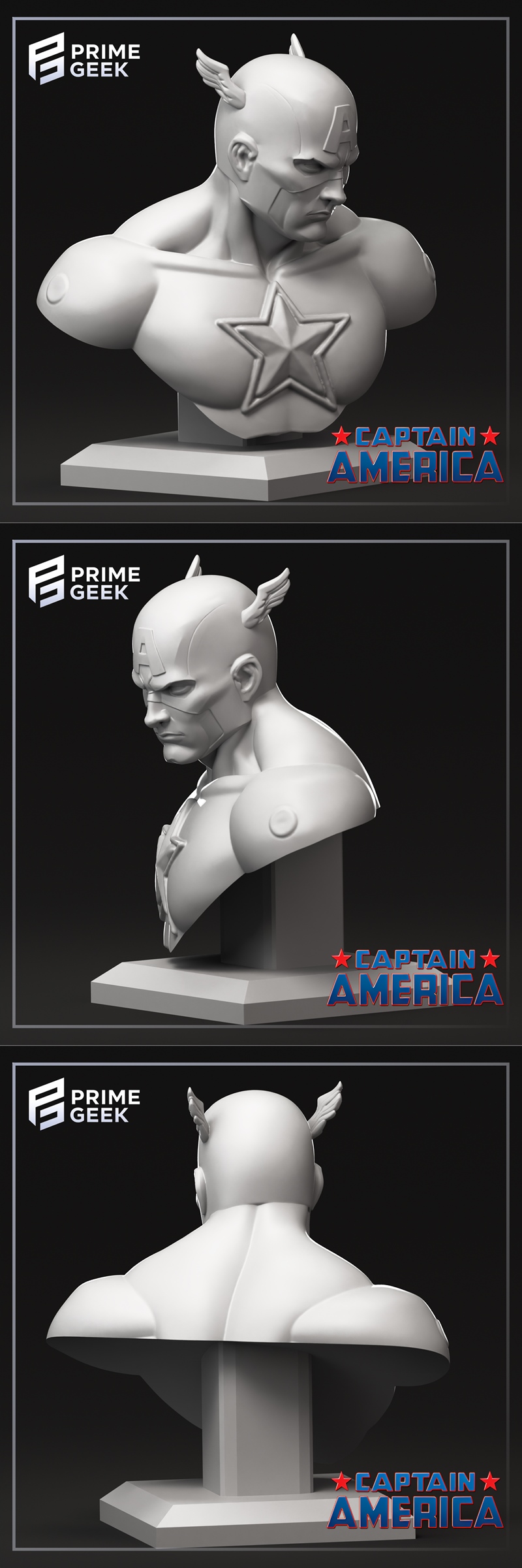 Prime Geek Captain America bust 3D model, featuring the superhero in his classic blue suit with a white star emblem a...