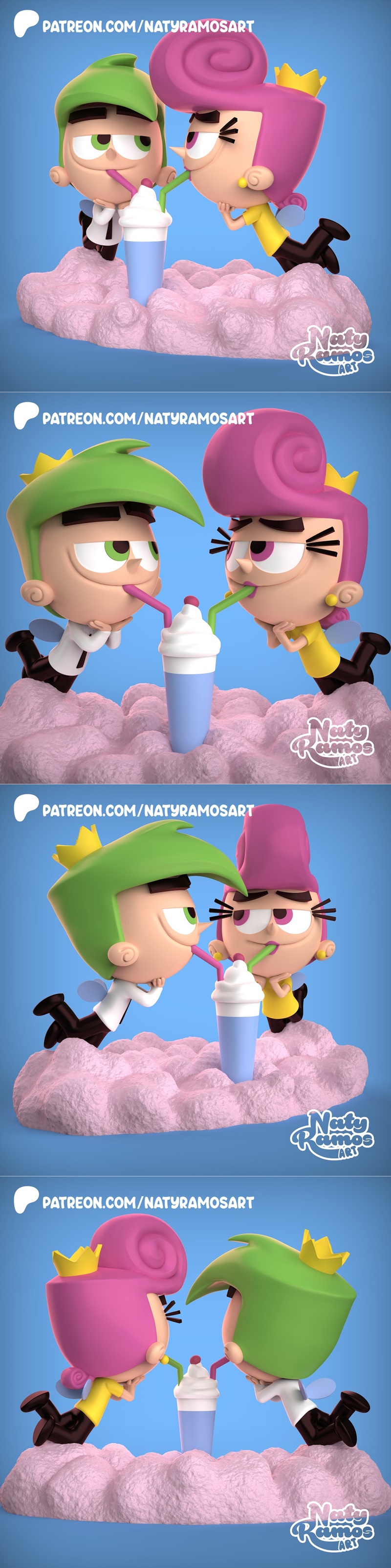 3D model of Cosmo and Wanda from The Fairly OddParents, floating on pink clouds and drinking from a shared cup with s...