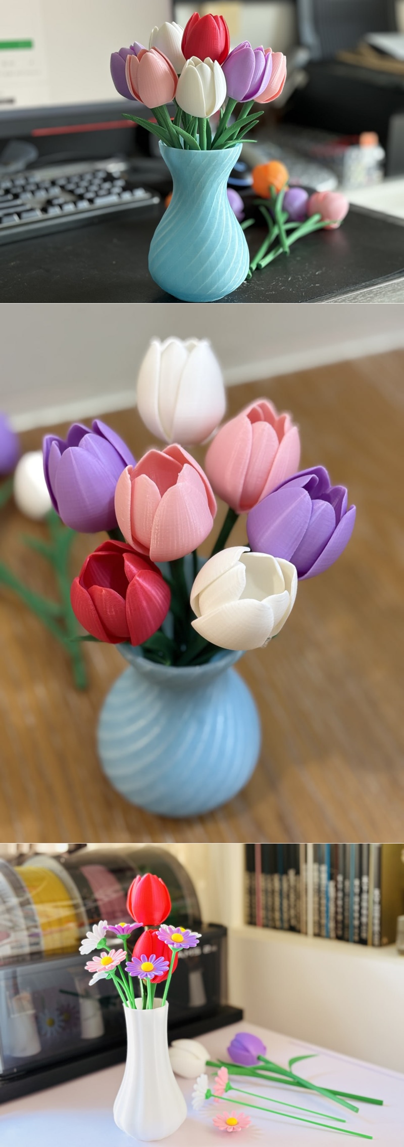 A bouquet of multi-colored 3D printed tulips in a blue vase, featuring red, white, pink, and purple blooms with green...