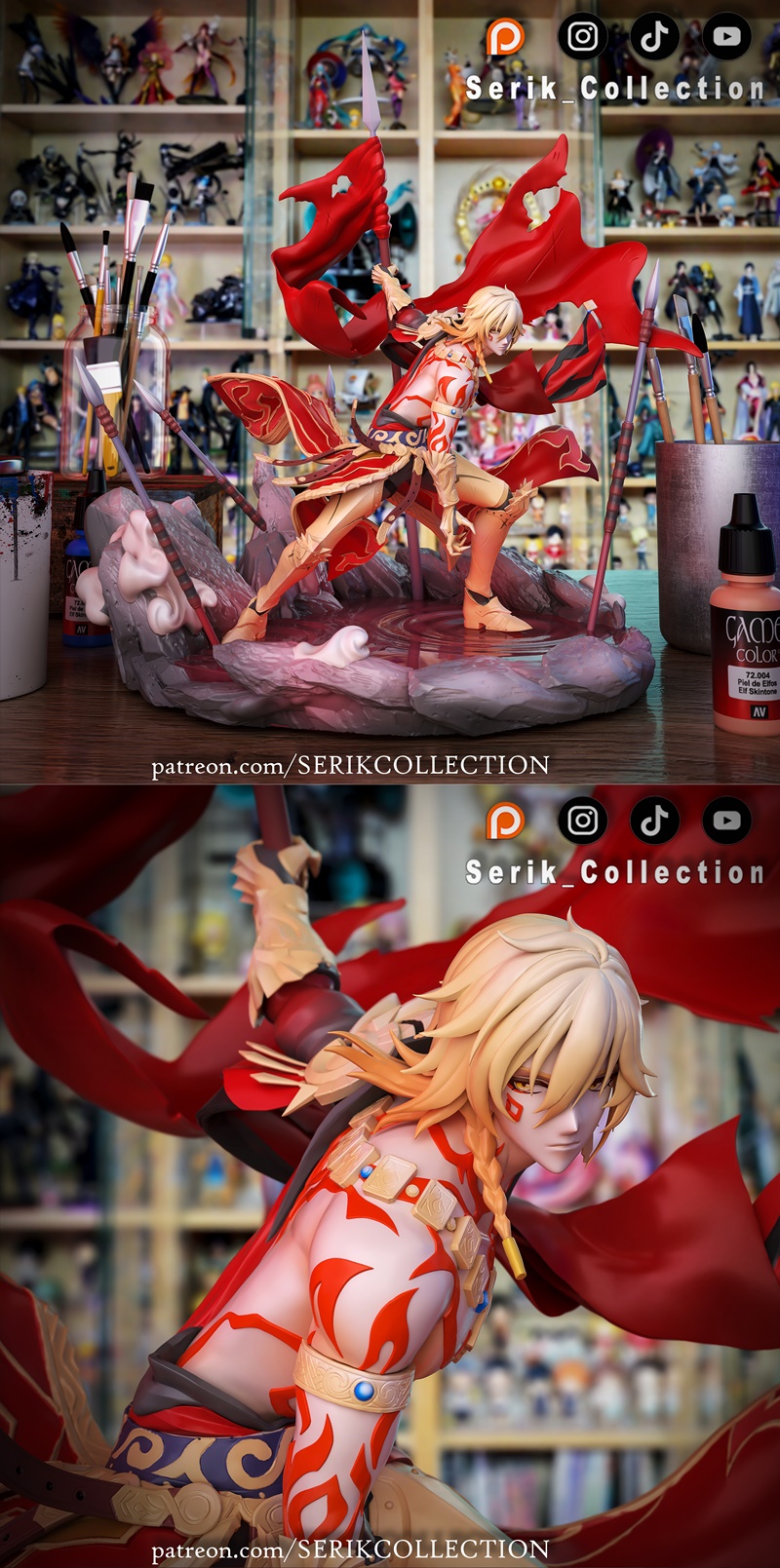 Mydei figure in dynamic pose, wearing red and gold armor with a flowing red cape, standing on a rocky base with spear...