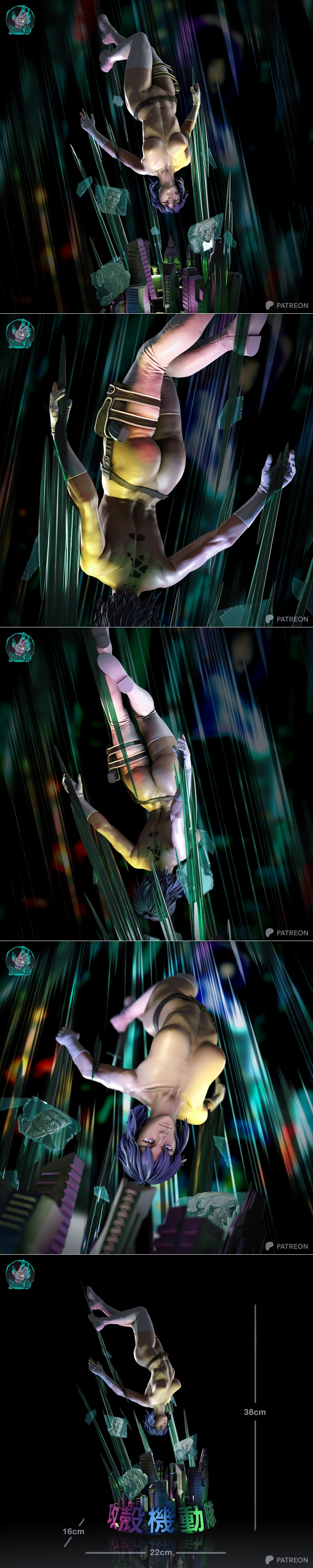 3D model of Mokoto Kusanagi falling through a cyberpunk cityscape, rendered in a dynamic pose with detailed cyberneti...