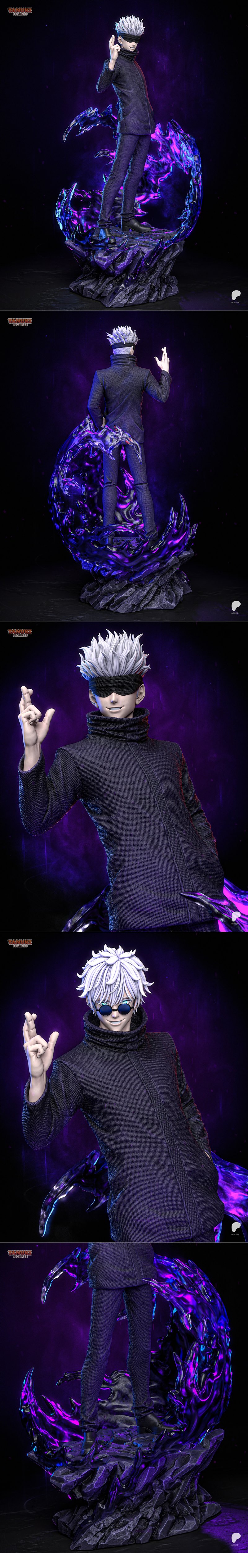 Gojo Satoru 3D model figure by Tanuki Figures, wearing a dark jacket and pants, with a blindfold, standing on a rocky...