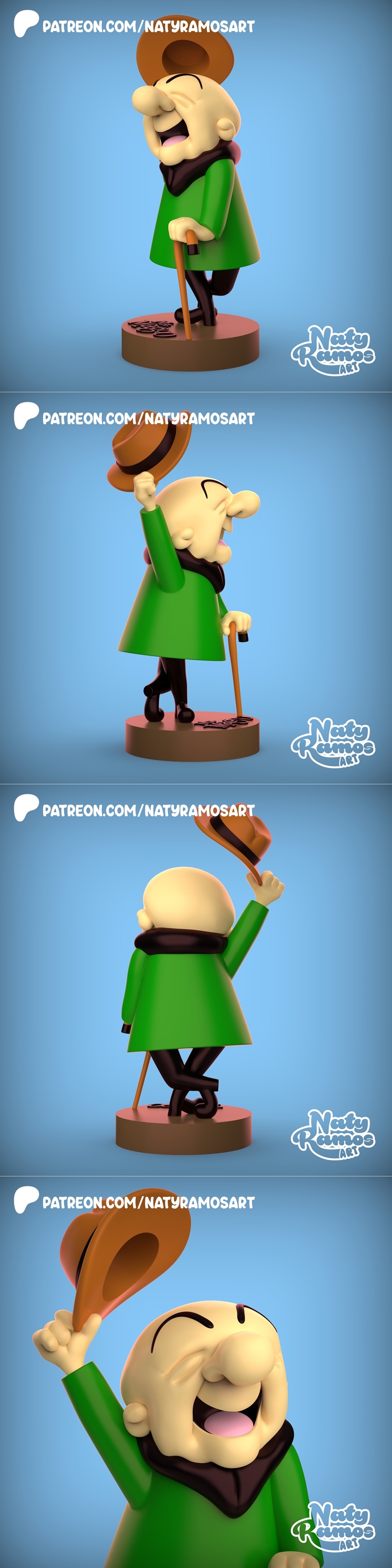 3D model of Mr. Magoo laughing, tipping his hat and holding a cane, wearing a green coat and dark pants, on a brown c...