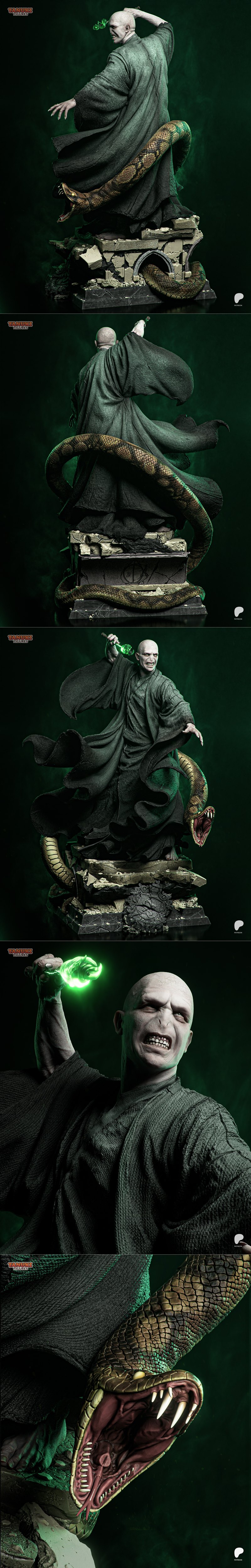 Lord Voldemort figure with flowing robes, holding a green vial, coiled by a snake on an ornate rocky base. Tanuki Fig...