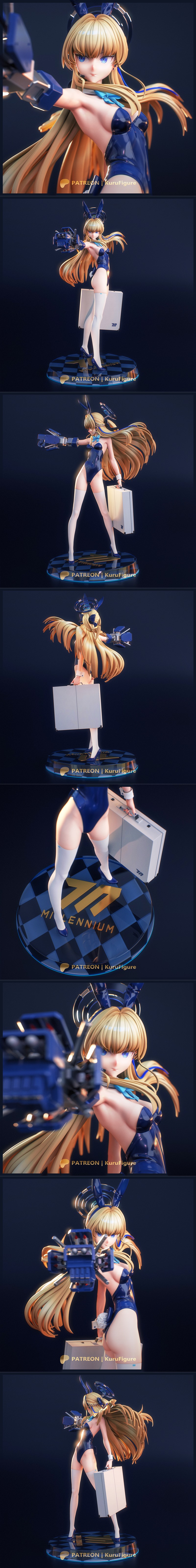 Asuma Toki from Blue Archive 3D model, wearing a blue bunny suit and white stockings, holding a weapon and briefcase,...