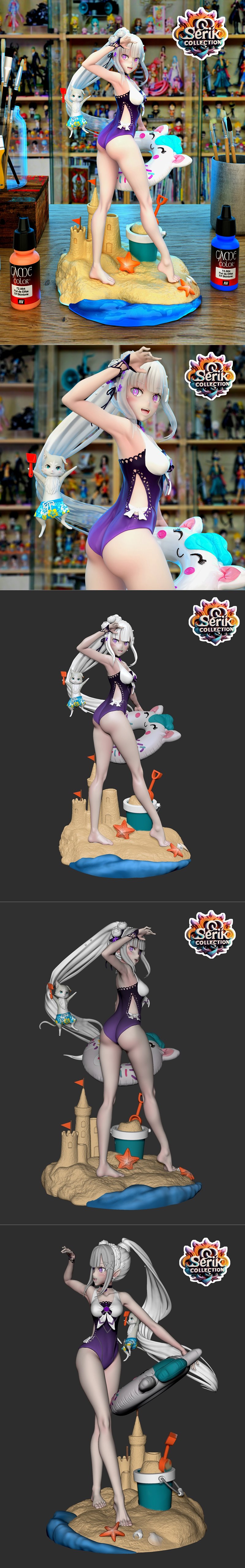 3D model figure of Emilia from Re:Zero in a purple swimsuit on a beach with Puck, a sandcastle, and a bucket.