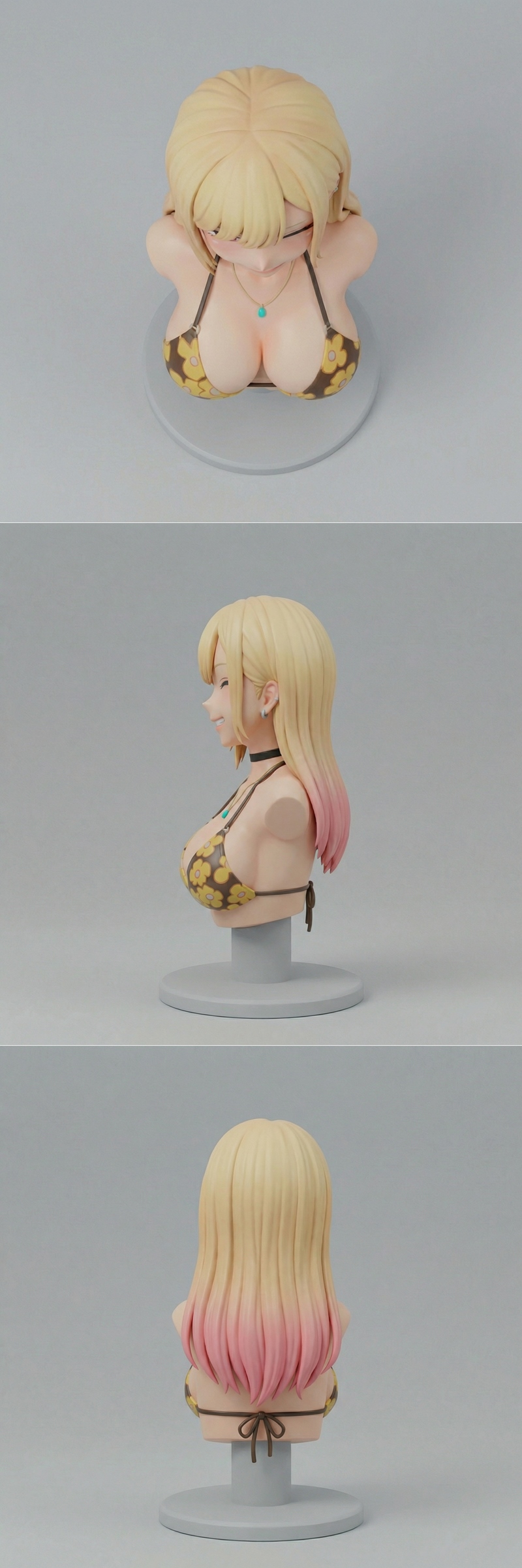 3D printable bust of Marin Kitagawa from My Dress-Up Darling, wearing a floral bikini, winking, with blonde hair and...