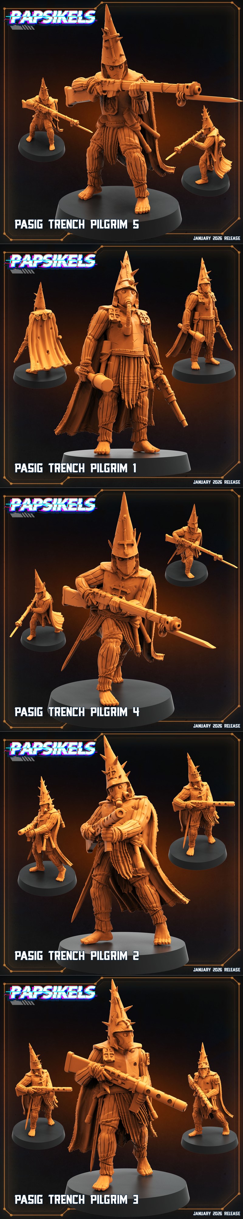 Five Pasig Trench Pilgrim miniatures by Papsikels Miniatures, each wearing conical helmets with spikes, gas masks, an...