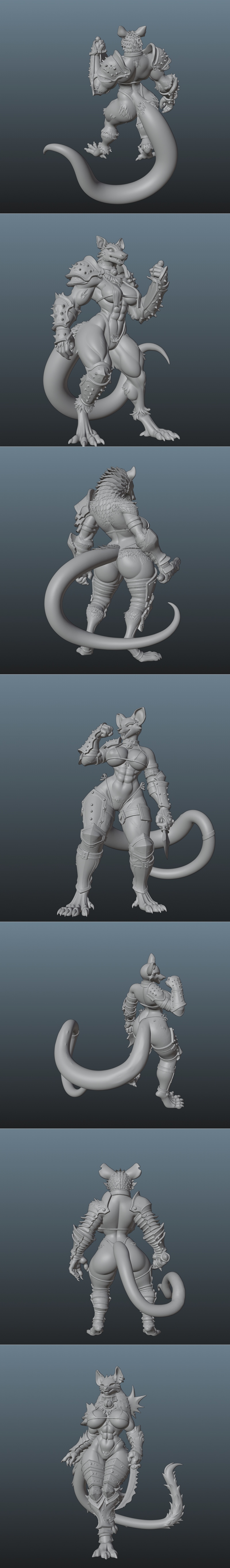 Group of anthropomorphic rat figures in revealing fantasy armor, holding swords and daggers.