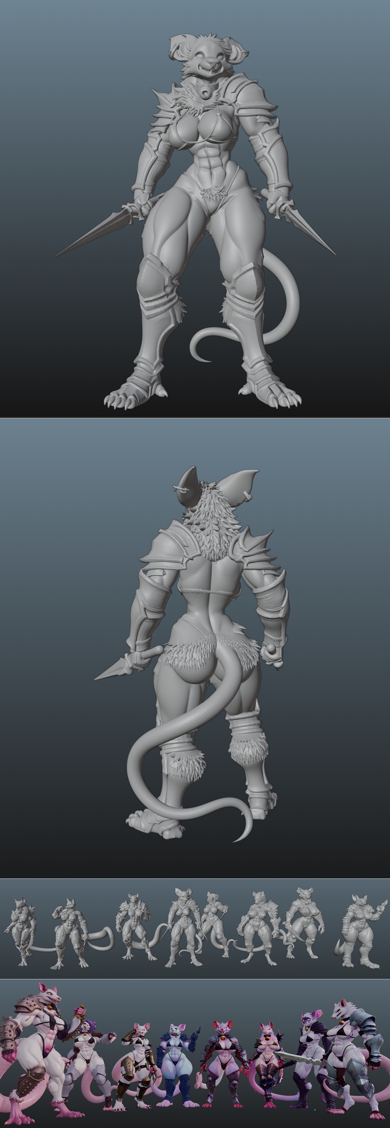 Group of anthropomorphic rat figures in revealing fantasy armor, holding swords and daggers.