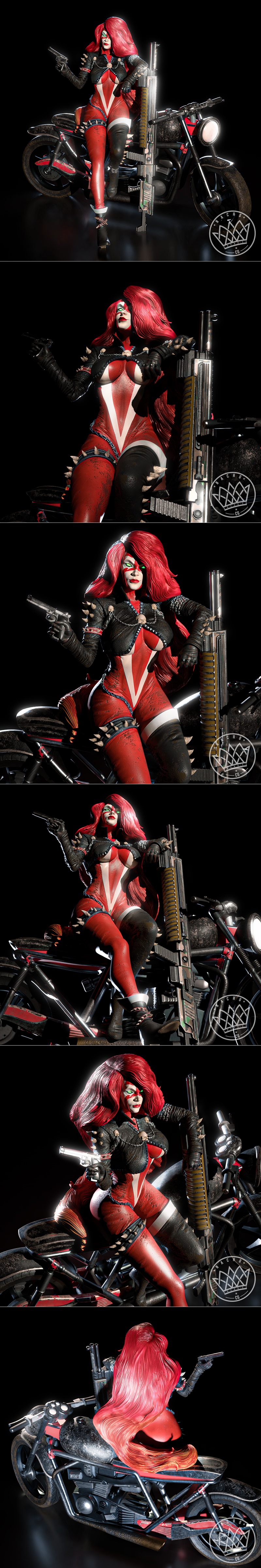 She-Spawn statue by Nacho CG, seated on a motorcycle, holding a handgun and leaning on a rifle. She wears a red and w...