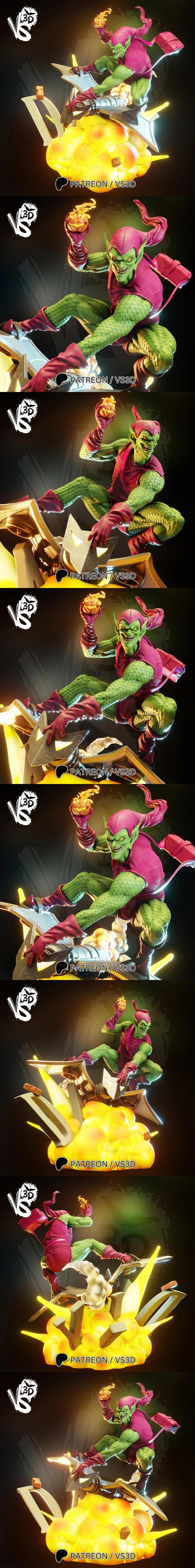 VS3D Green Goblin 3D model figure in flight on a glider, holding a pumpkin bomb, with an explosion base.