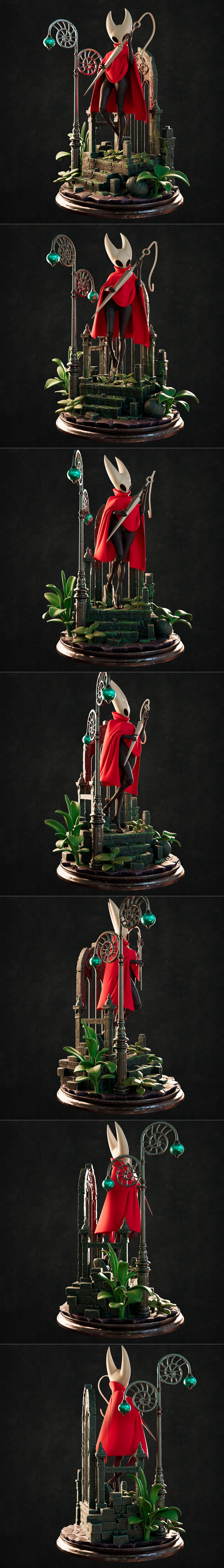 Hornet from Hollow Knight, wearing a red cape and mask, holding a needle weapon, standing on a diorama base with a st...