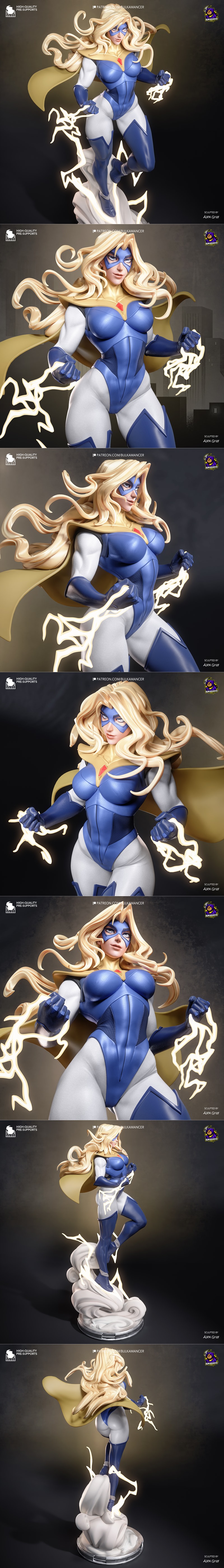 Bulkamancer Sculpts Blonde Blazer 3D model figure, female superhero in blue and white costume with yellow cape, hands...