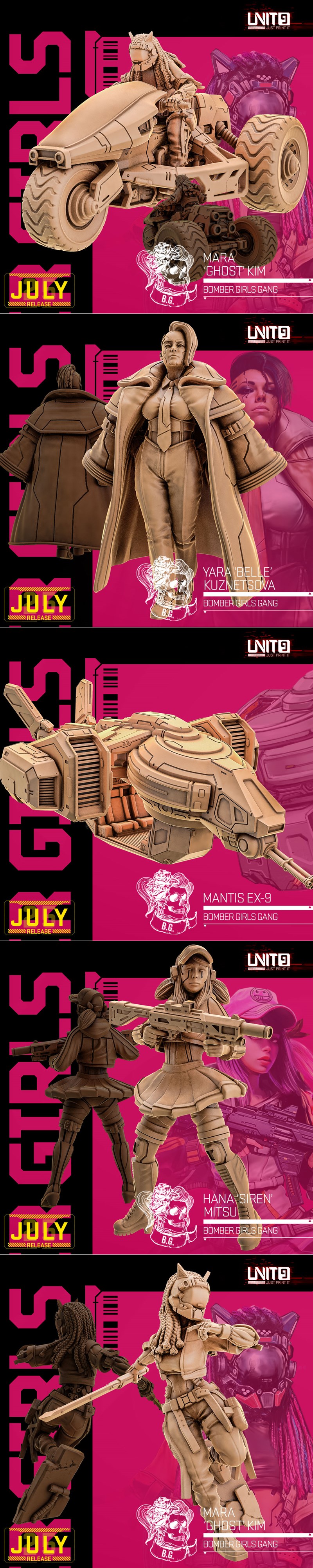 Collection of Unit9 3D printable models: cyberpunk female soldiers with futuristic weapons and vehicles, including mo...