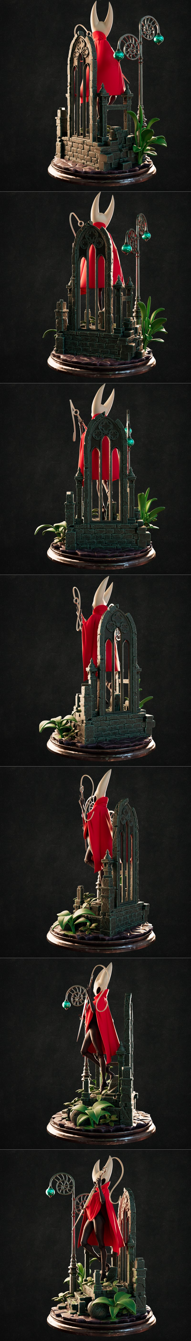 Hornet from Hollow Knight, wearing a red cape and mask, holding a needle weapon, standing on a diorama base with a st...