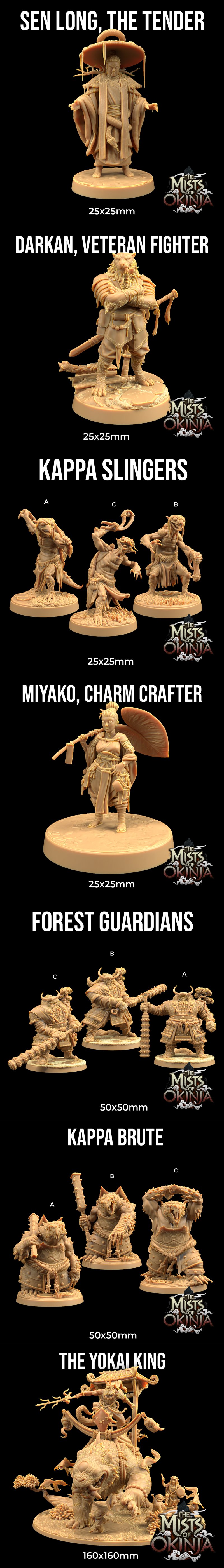 Collection of fantasy miniatures from The Dragon Trappers Lodge, featuring samurai warriors, large horned demons, and...