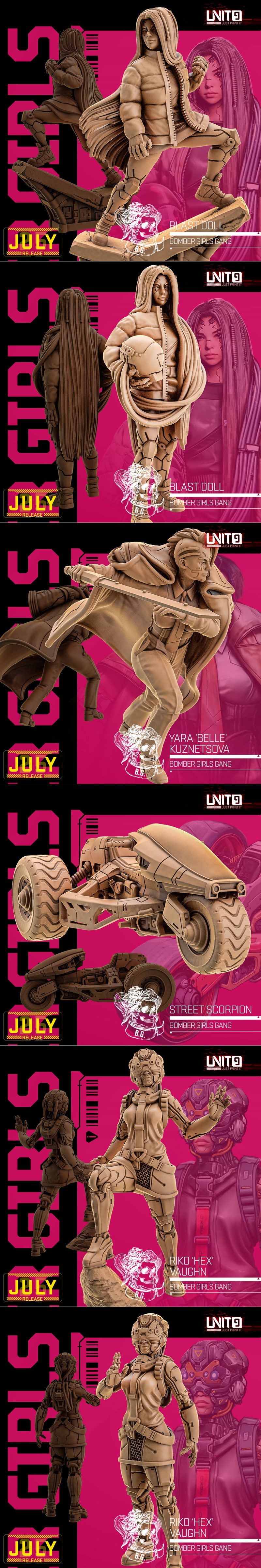 Collection of Unit9 3D printable models: cyberpunk female soldiers with futuristic weapons and vehicles, including mo...