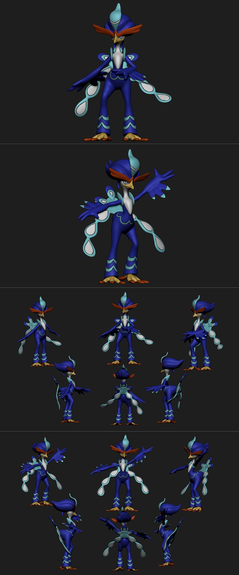 Two 3D models of Quaquaval, the Dancing Pokémon, standing against a blue background. Both figures are blue with orang...
