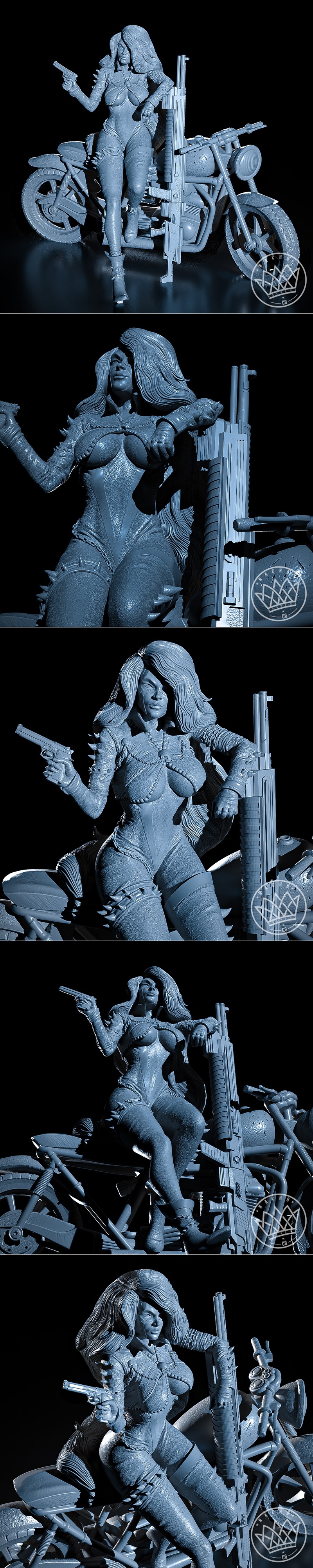 She-Spawn statue by Nacho CG, seated on a motorcycle, holding a handgun and leaning on a rifle. She wears a red and w...