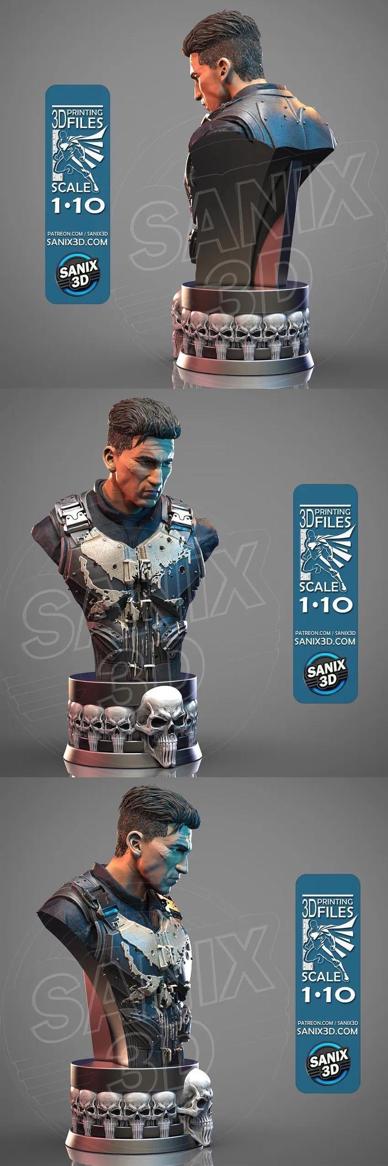 Sanix 3D Punisher bust with detailed armor and skull-adorned base, scale 1:10.