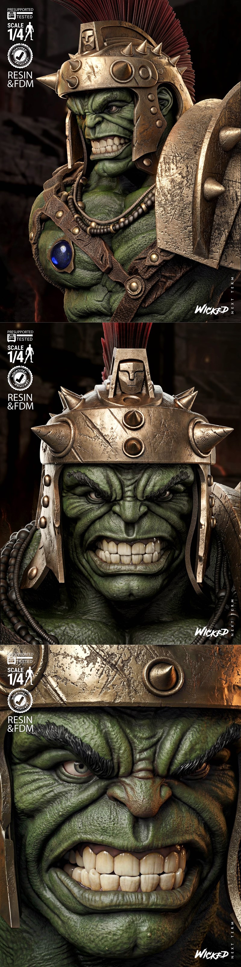 Planet Hulk bust with gladiator helmet and golden armor, 1:4 scale, by Wicked studio.