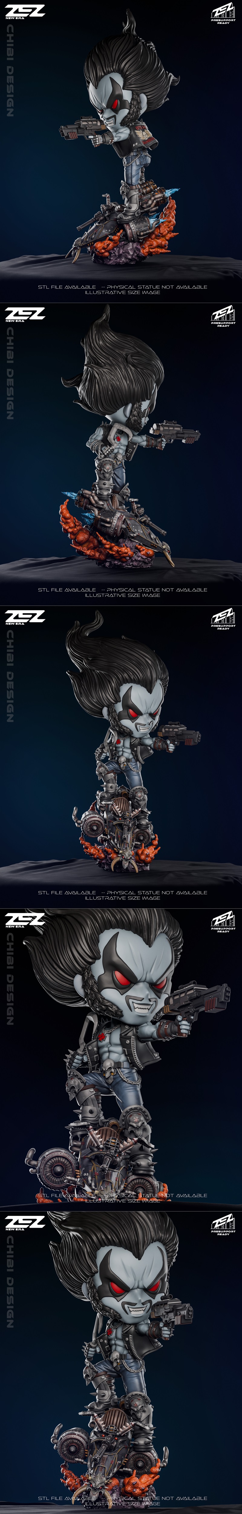 Chibi Lobo figure with guns, standing on a motorcycle with a demonic base, designed by ZEZ Studio.