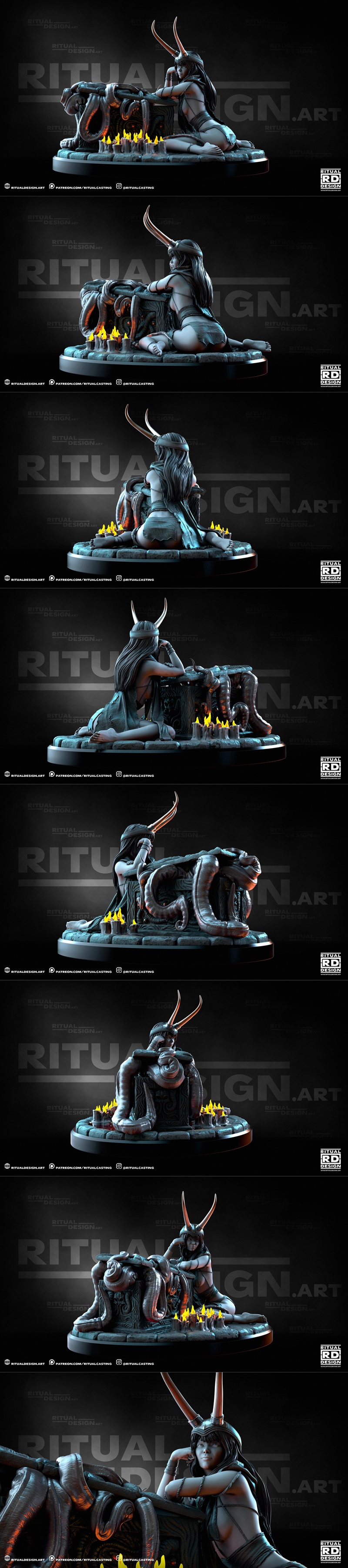 1:10 scale Kestra figure by Ritual Design, featuring a female character with horns resting on a stone altar surrounde...