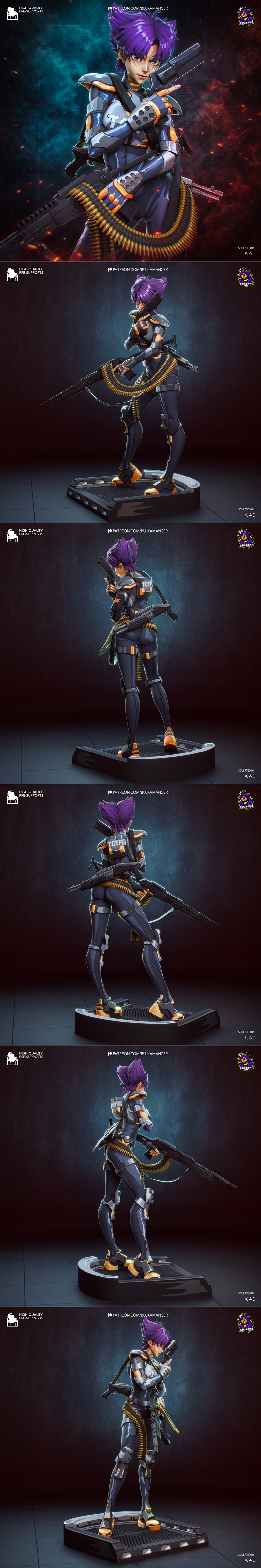 Konoko, a female warrior from Onimusha, in a sci-fi suit with armor and orange accents, holding a machine gun and pis...