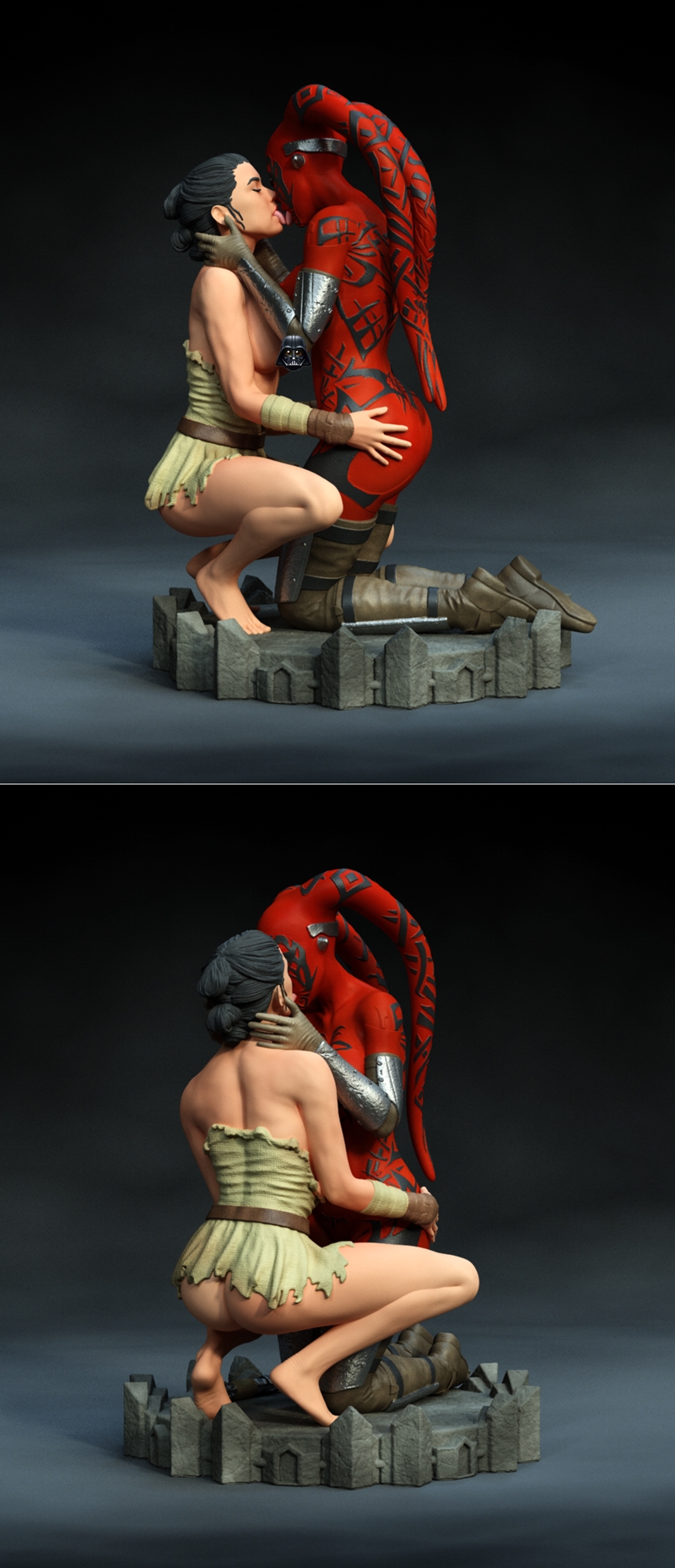 3D print model of two female characters, one red-skinned Twi'lek and one human, kissing passionately. They are on a s...