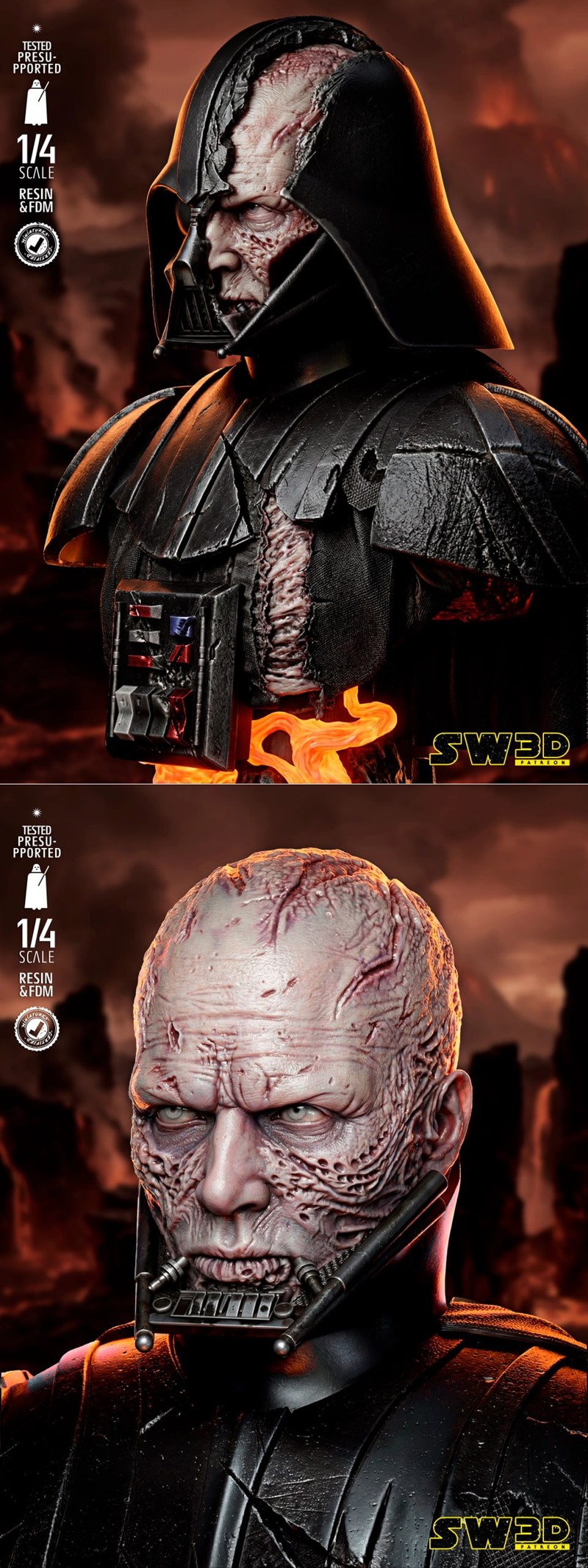 1/4 scale bust of Darth Vader with helmet damaged, revealing scarred face and torn armor. Rests on a fiery base with...