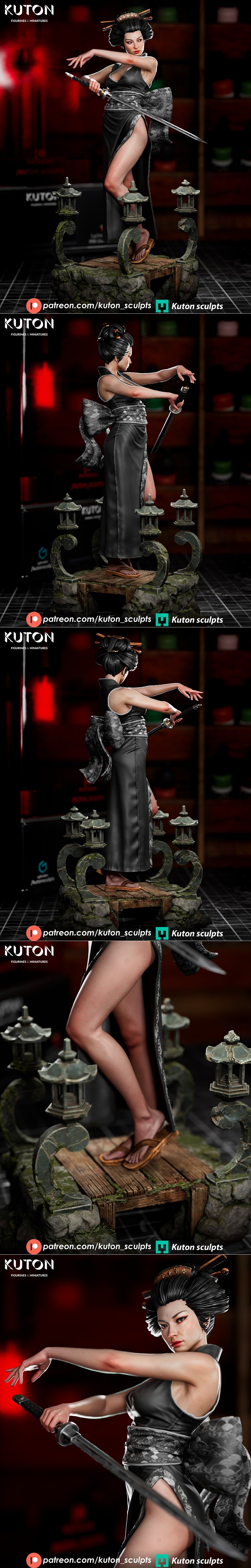 Hoshiko 3D model: woman in revealing black kimono with silver trim, holding a katana, standing on a Japanese-themed d...