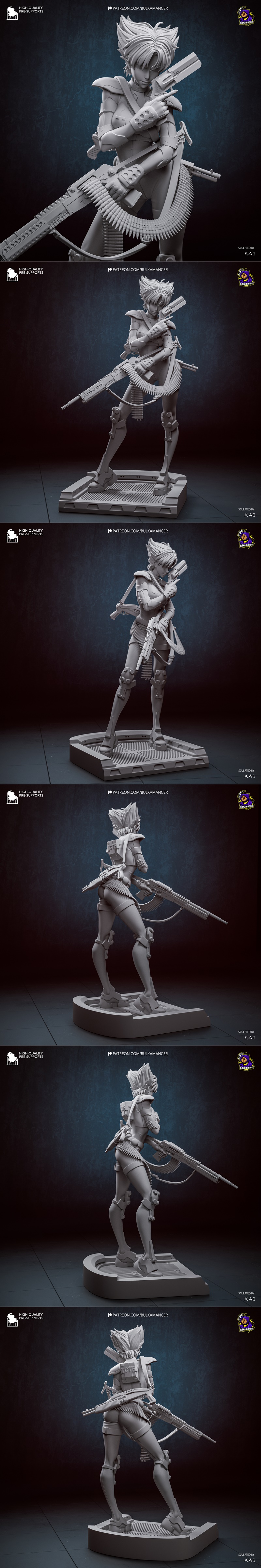 Konoko, a female warrior from Onimusha, in a sci-fi suit with armor and orange accents, holding a machine gun and pis...