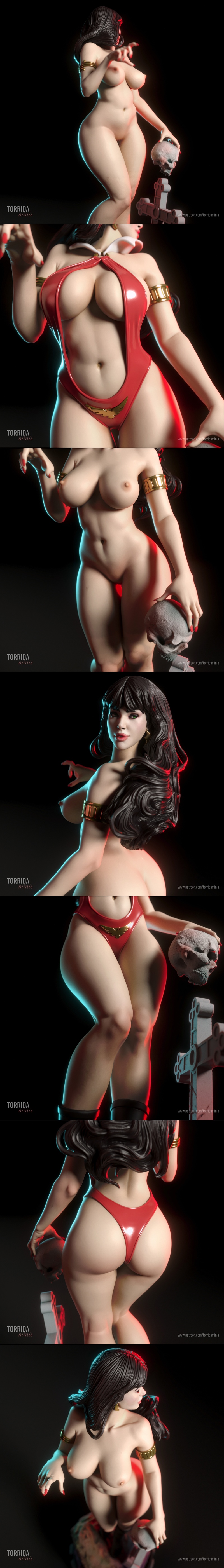 Vampirella 3D model figure by Torrida Minis, holding a skull next to a gravestone, wearing a red revealing costume.