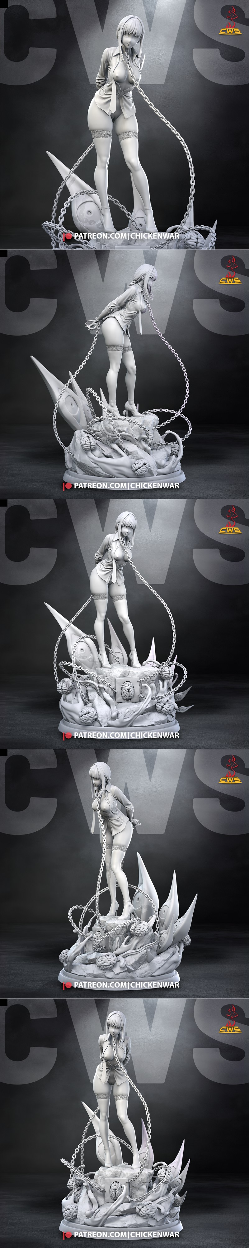 Makima figure from Chainsaw Man, nude with white shirt and tie, thigh-high stockings, wearing a collar and chains. Re...