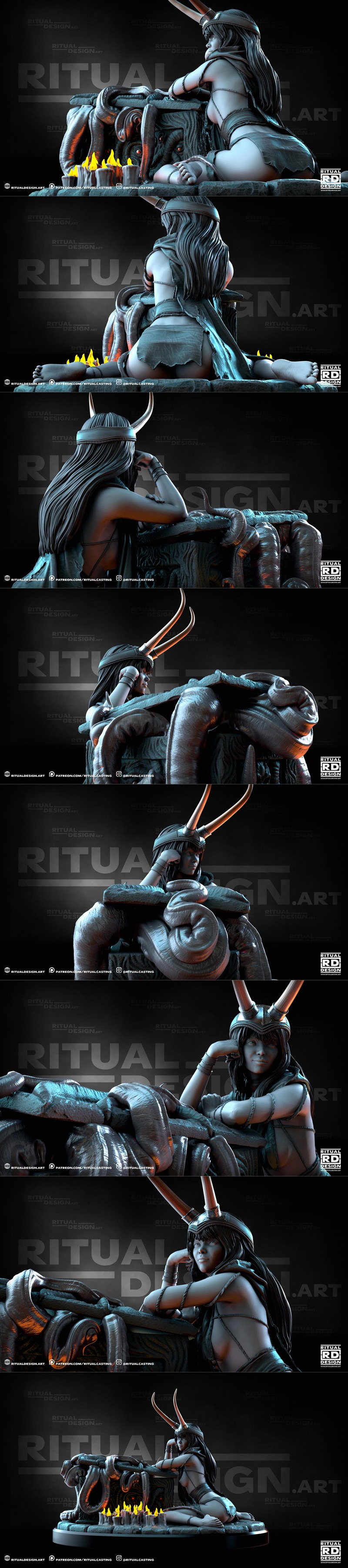 1:10 scale Kestra figure by Ritual Design, featuring a female character with horns resting on a stone altar surrounde...