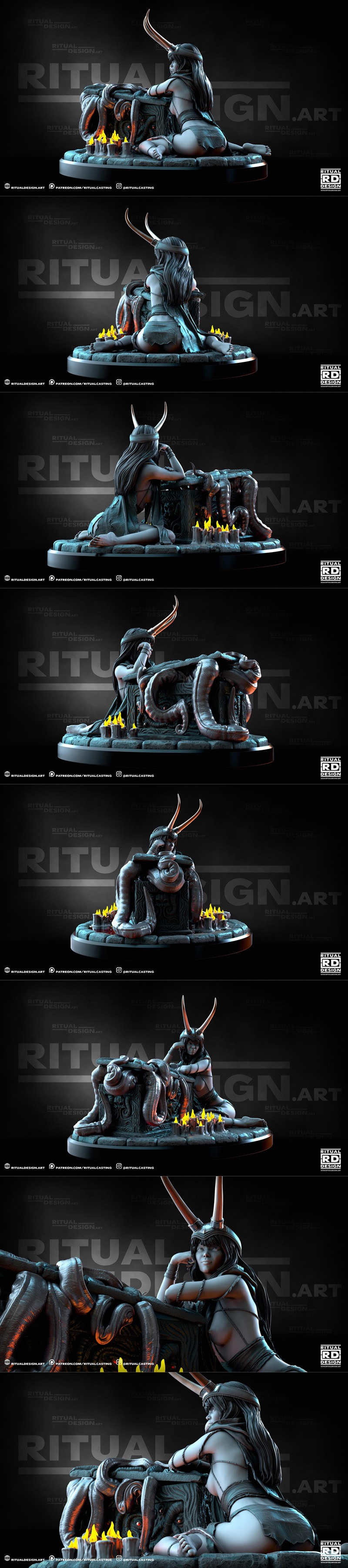 1:10 scale Kestra figure by Ritual Design, featuring a female character with horns resting on a stone altar surrounde...