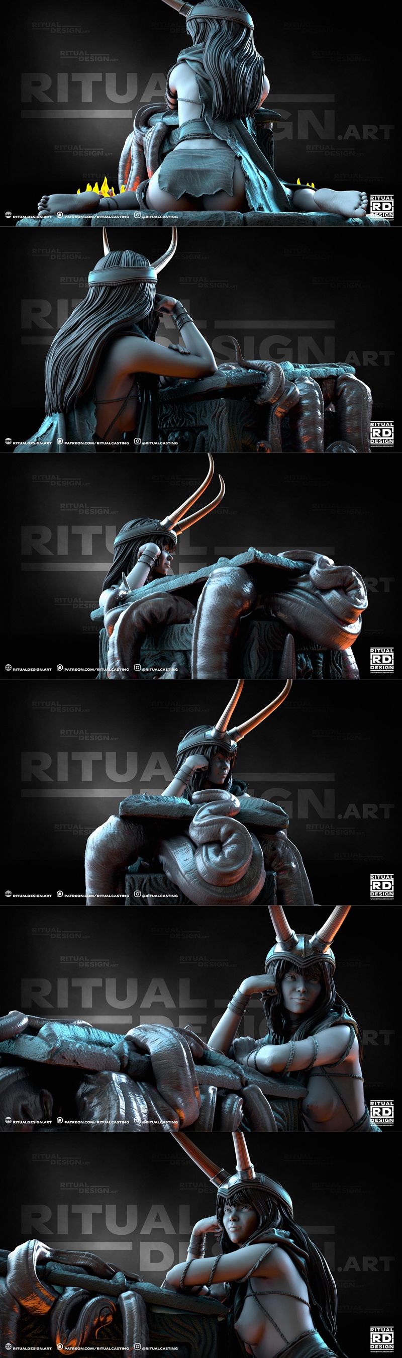 1:10 scale Kestra figure by Ritual Design, featuring a female character with horns resting on a stone altar surrounde...