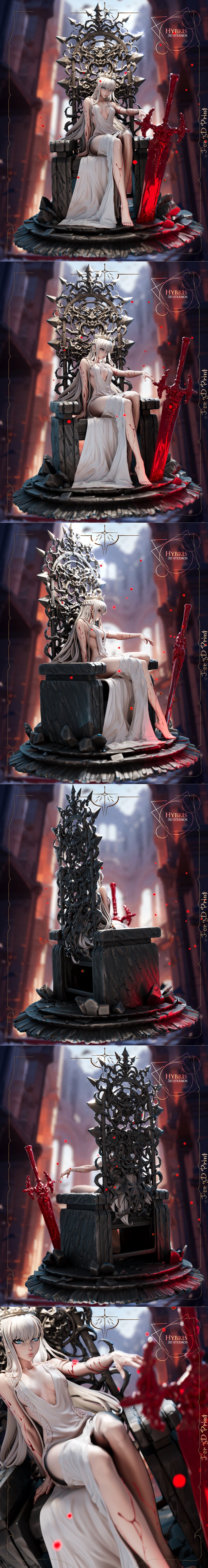 Tearful Queen figure by Hybris Studios seated on a gothic throne, wearing a crown and flowing gown, with a bloody red...
