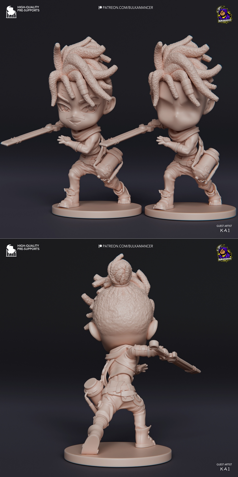 Chibi Ekko 3D model figure with glowing sword and cylindrical device, by Bulkamancer Sculpts.